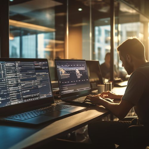 IT professional working on multiple monitors with code and data dashboards, symbolizing scalable managed IT services that adapt to business growth and evolving technology needs.