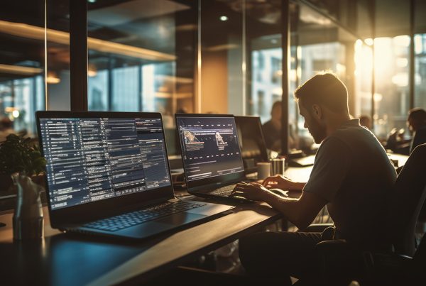 IT professional working on multiple monitors with code and data dashboards, symbolizing scalable managed IT services that adapt to business growth and evolving technology needs.