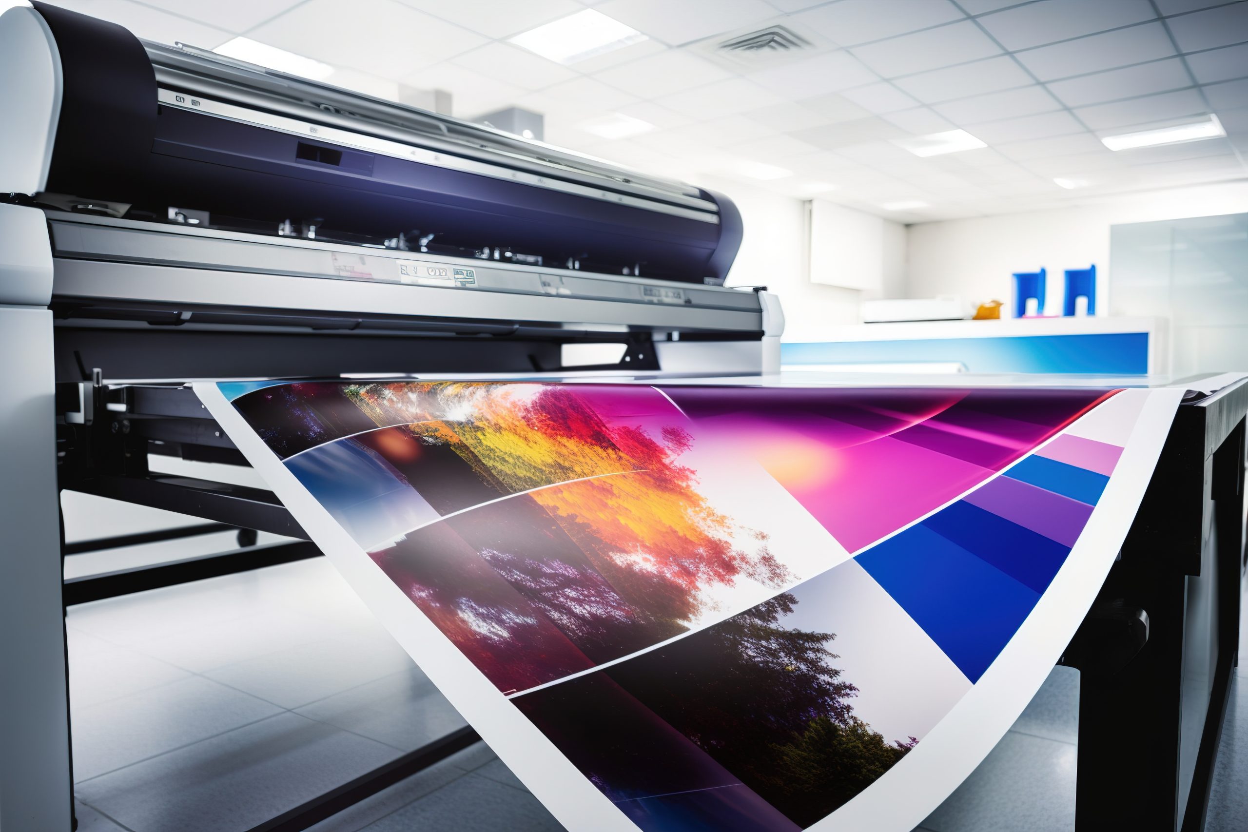 Large wide digital inkjet printing machine during production. 