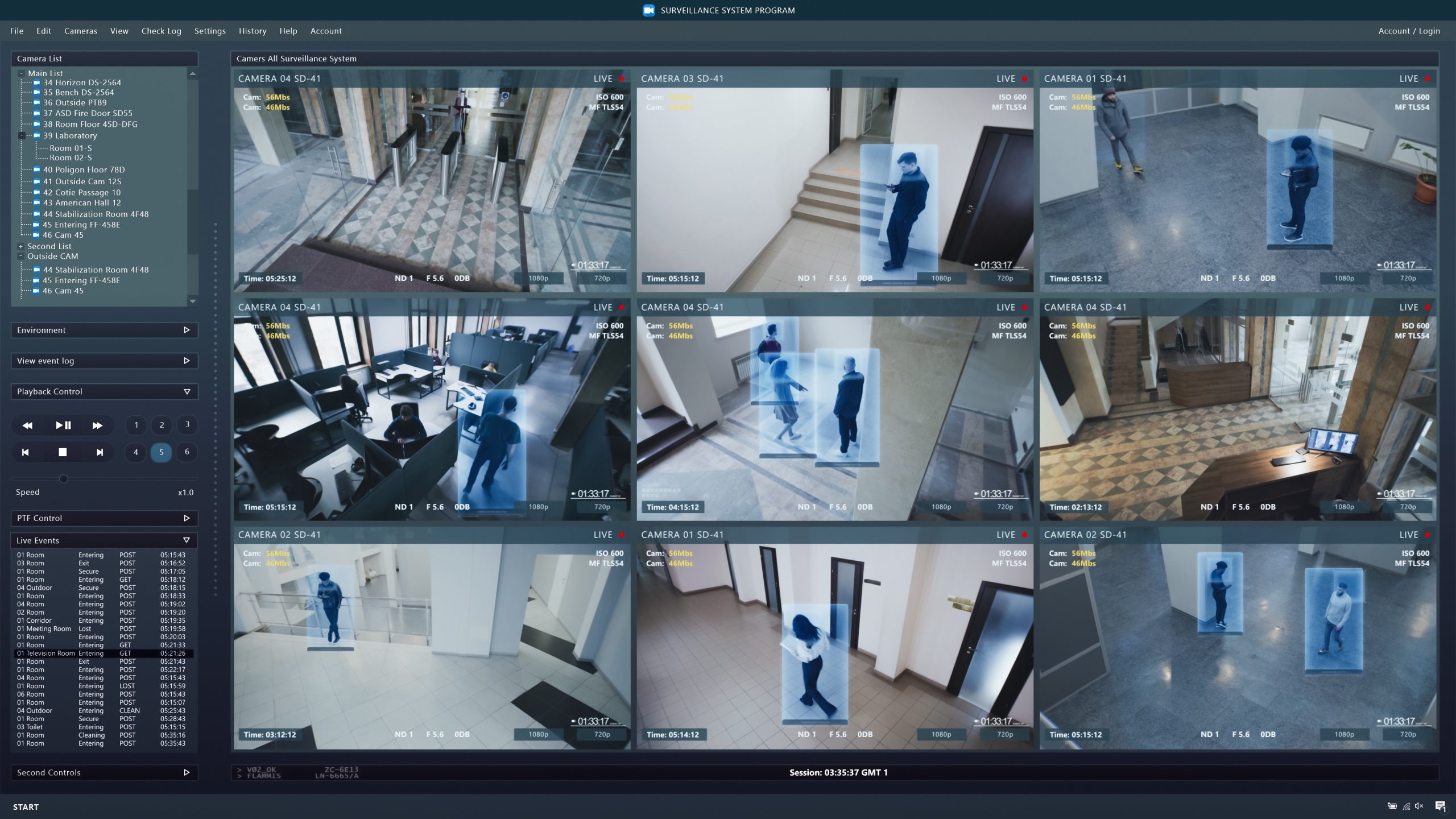 CCTV cameras playback on computer screen. People walk in coworking office. Security cameras. Surveillance and observation digital system.