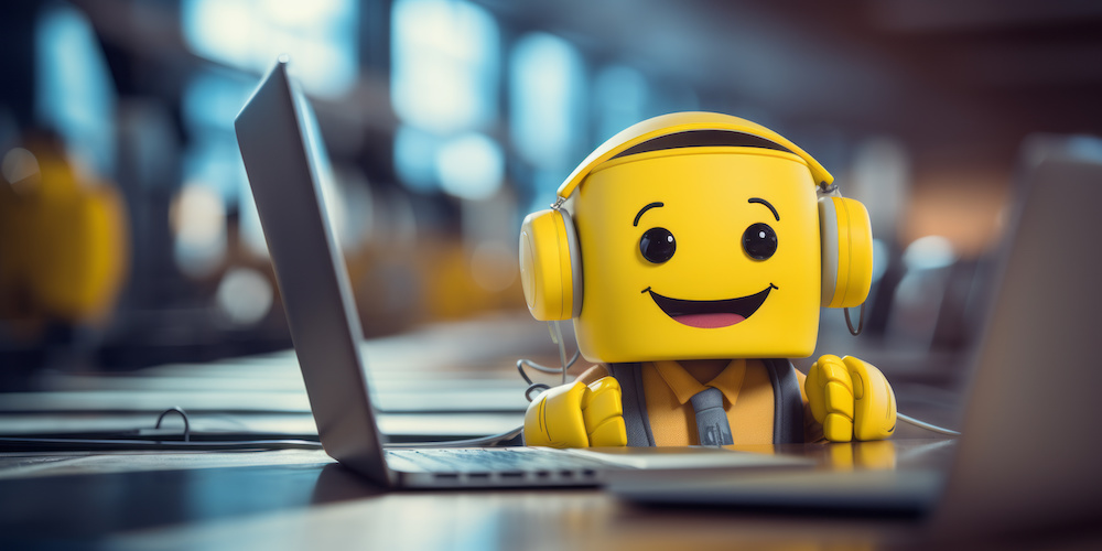 Friendly call centre worker. Smiley face. Emoji. Friendly customer service. Integrated Voice Recognition concept.