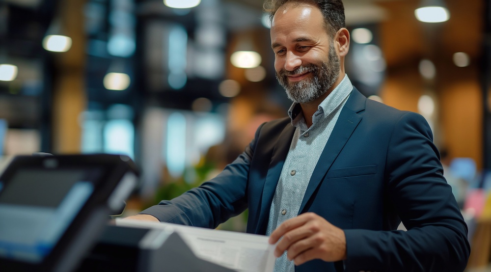 Man checking printer. Managed Print Services provider concept.