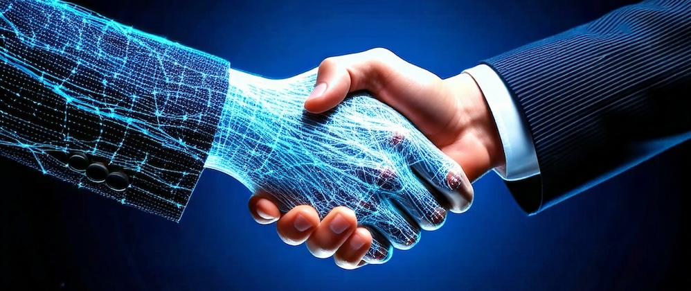 handshake between vCISO and IT manager. picture of hologram hand shaking hands with real hand.