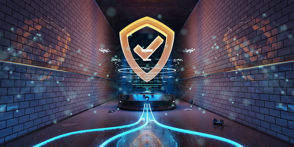 Blue and orange underground dark web cyber security hologram with digital shield 3D rendering