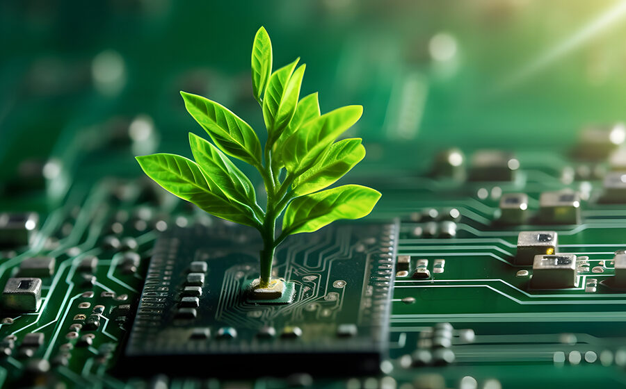 Tree growing on the converging point of computer circuit board.
