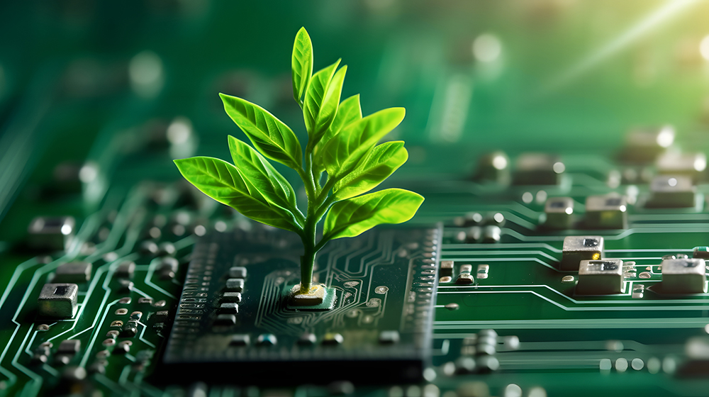 Tree growing on the converging point of computer circuit board.