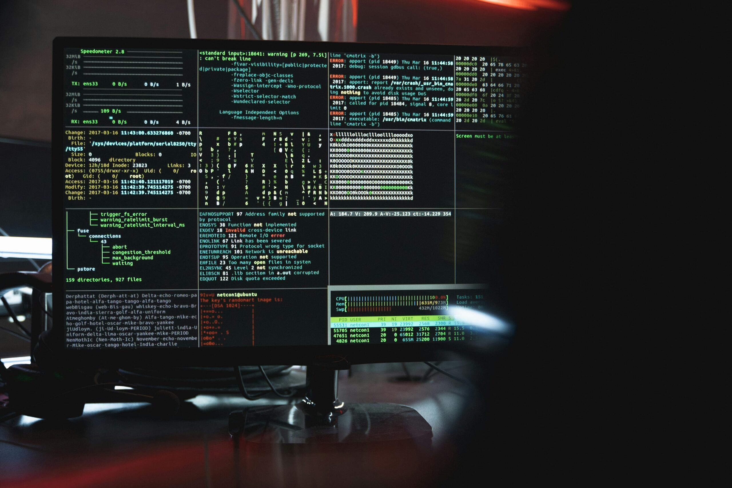 A cybersecurity or programming environment is active on a screen filled with code and performance data.