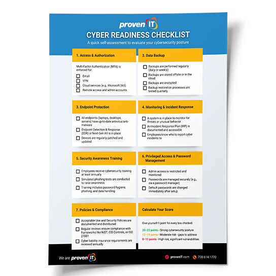 Mockup of Proven IT's downloadable Cyber Readiness Checklist, featuring a self-assessment tool with cybersecurity best practices across categories like access control, data backup, endpoint protection, and compliance.