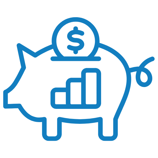 A piggie bank with a coin being added to it and an increasing bar chart on the side of the pig.