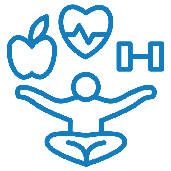 A person doing a yoga pose with an apple, heart beat line and dumbbell floating above them.