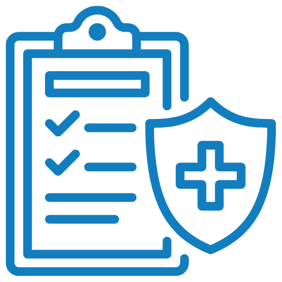 A clipboard with checkmarks on it and a shield with a medical logo on it.
