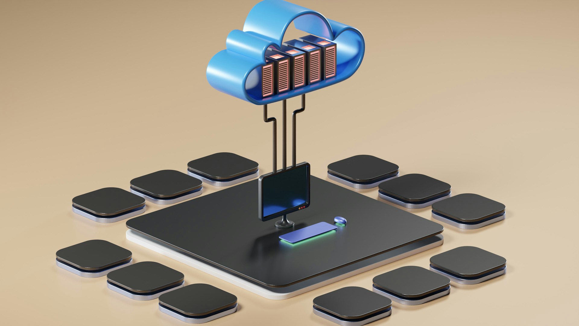 3D illustration of cloud software development with a computer connected to cloud servers.