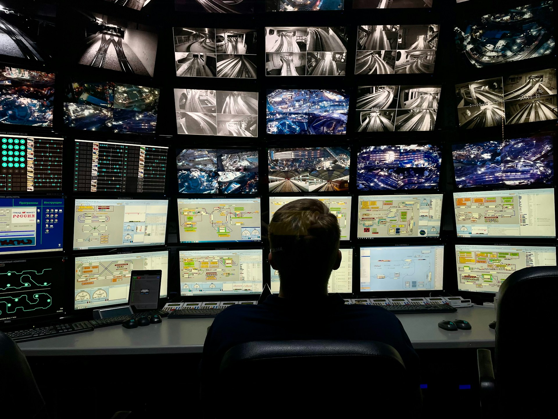 A person monitors multiple screens in a control room as part of a business video surveillance system for real-time security management.