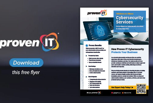 Image with Proven IT logo and Cybersecurity Services flyer showing a download button.