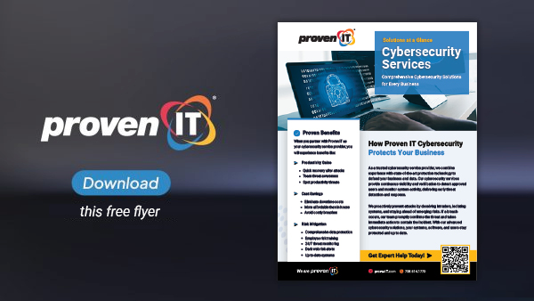 Image with Proven IT logo and Cybersecurity Services flyer showing a download button.