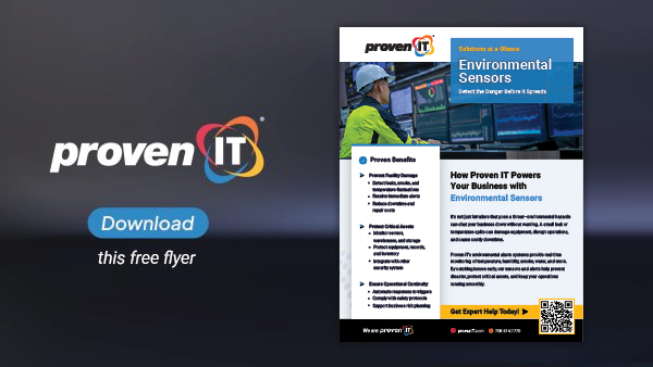 Image with Proven IT logo and Environmental Sensors flyer showing a download button.