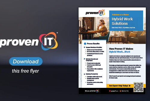 Image with Proven IT logo and Hybrid Work Solutions flyer showing a download button.