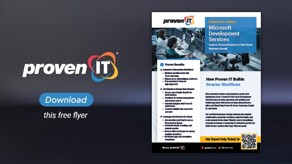 Image with Proven IT logo and Microsoft Development Services flyer showing a download button.