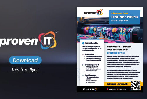 Image with Proven IT logo and Production Printers flyer showing a download button.