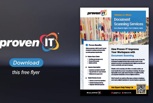 Image with Proven IT logo and Document Scanning flyer showing a download button.