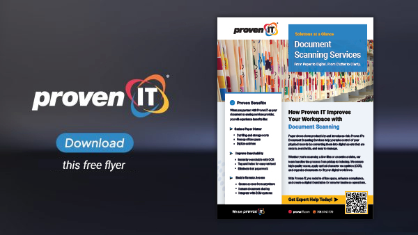 Image with Proven IT logo and Document Scanning flyer showing a download button.
