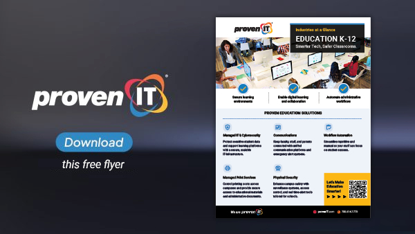 Image with Proven IT logo and Video Education K-12 industry flyer showing a download button.