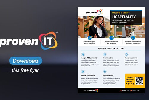 Image with Proven IT logo and Hospitality Industry flyer showing a download button.