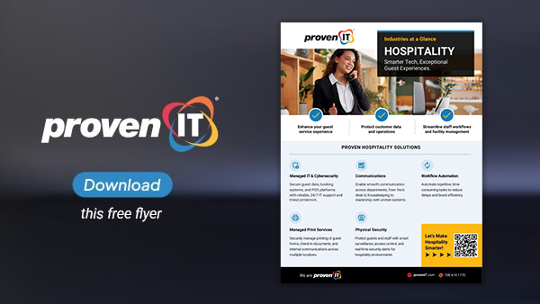 Image with Proven IT logo and Hospitality Industry flyer showing a download button.
