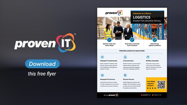 Image with Proven IT logo and Logistics Industry flyer showing a download button.