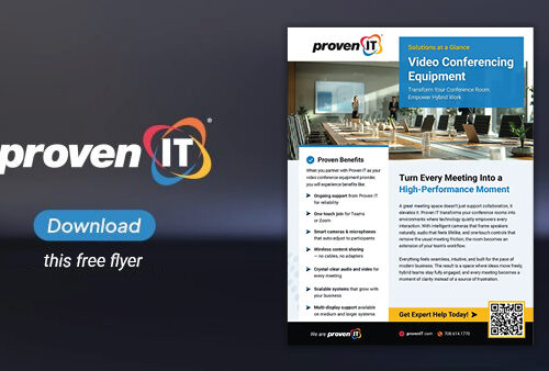 Image with Proven IT logo and Video Conferencing Equipment flyer showing a download button.
