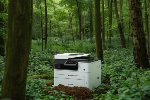 A desktop printer sitting in a green forest full of trees.