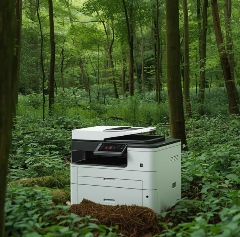 A desktop printer sitting in a green forest full of trees.