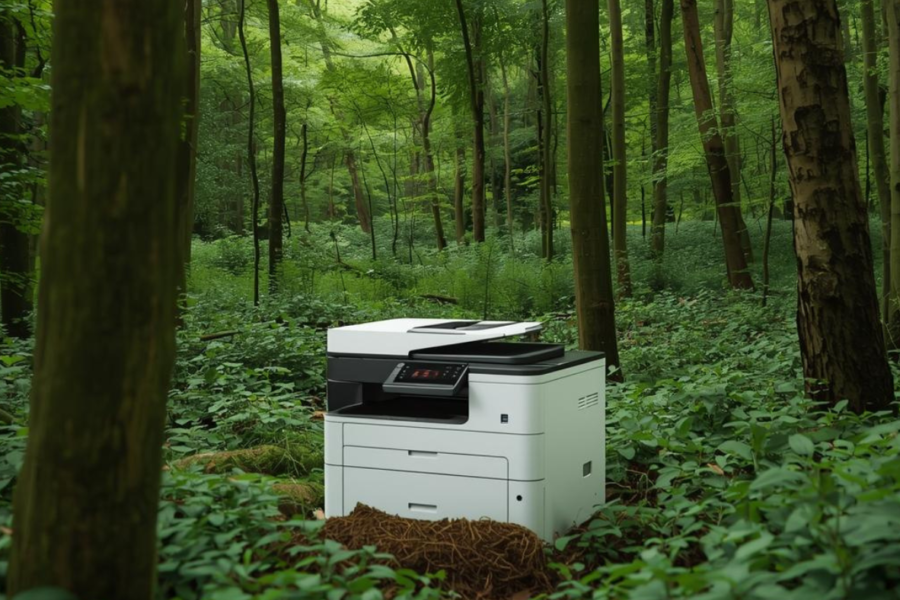 A desktop printer sitting in a green forest full of trees.