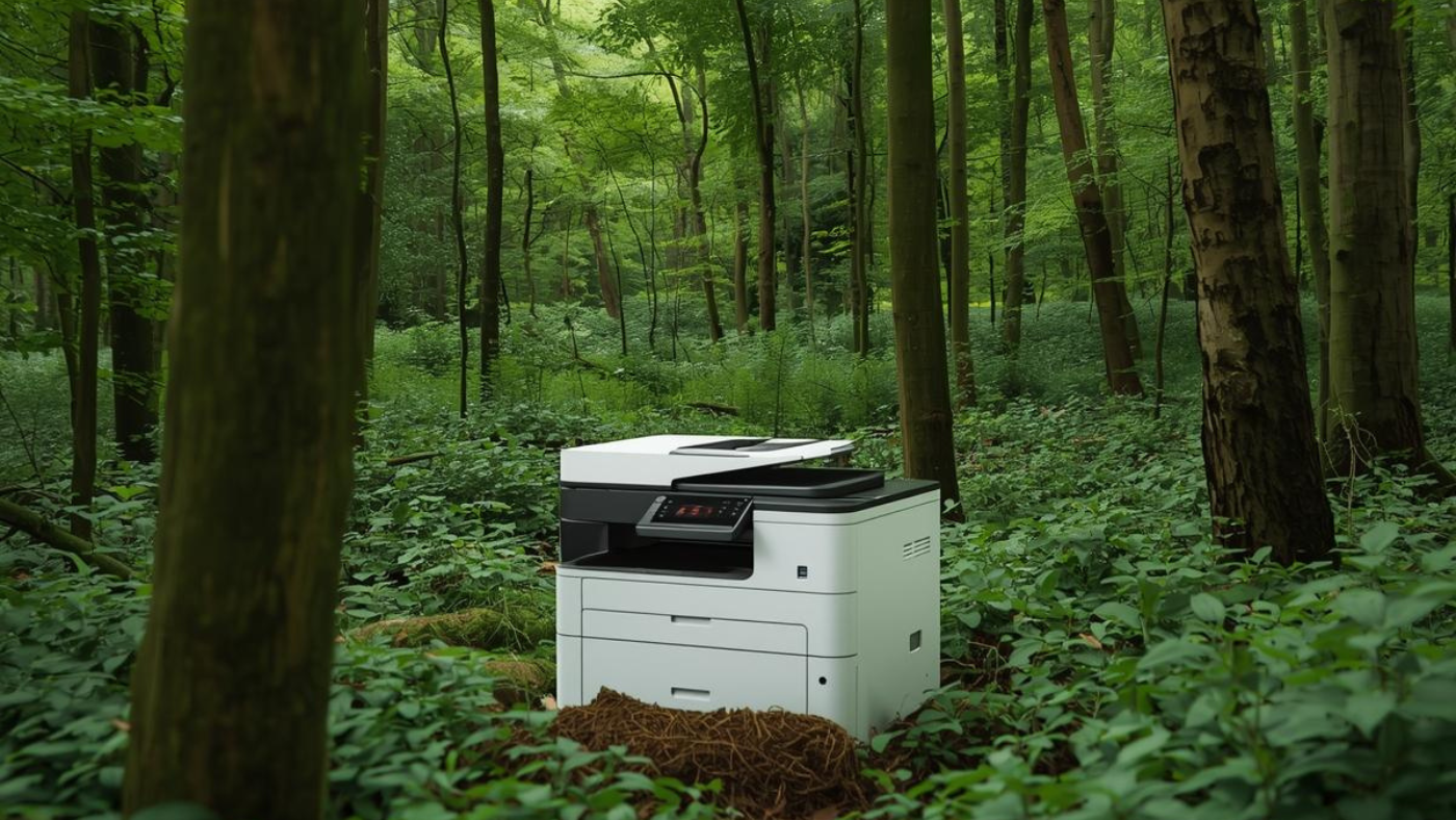 A desktop printer sitting in a green forest full of trees.