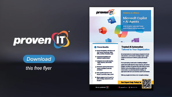 Image with Proven IT logo and Microsoft Copilot and AI Agents Flyer showing a download button.