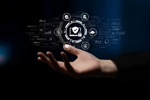 Digital cybersecurity dashboard representing fractional CISO services, including security monitoring, compliance, risk management, and cloud protection.