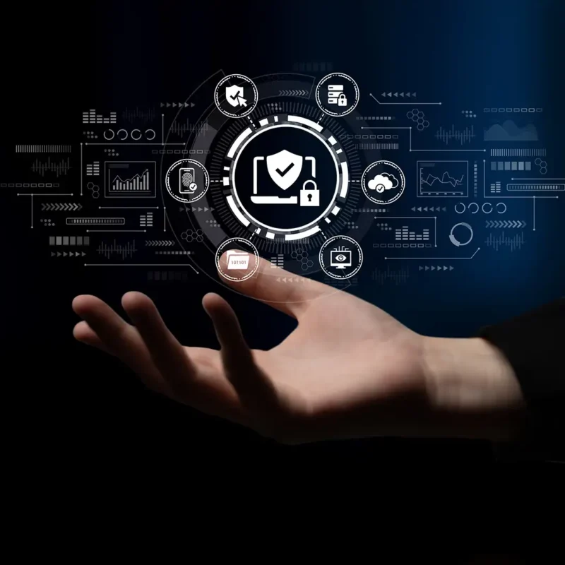 Digital cybersecurity dashboard representing fractional CISO services, including security monitoring, compliance, risk management, and cloud protection.