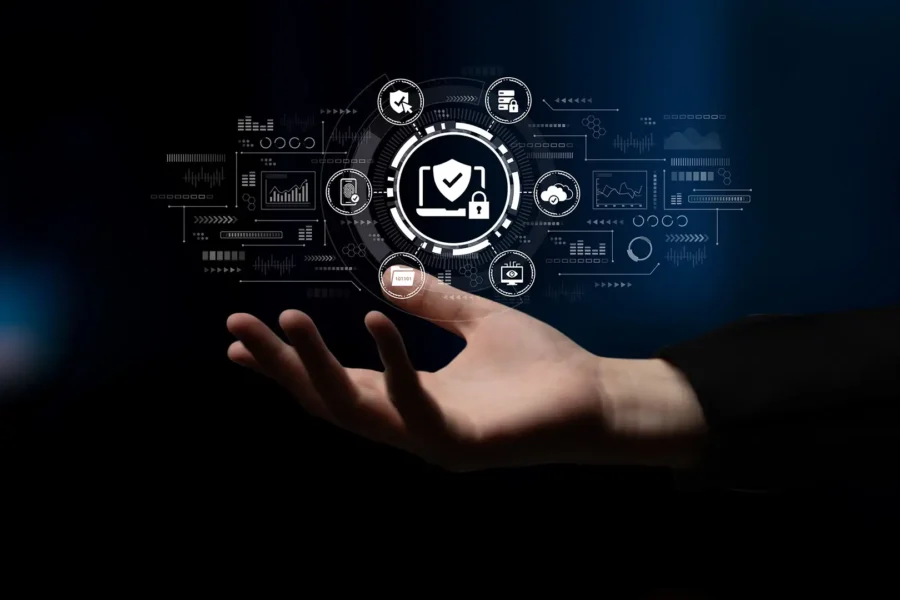 Digital cybersecurity dashboard representing fractional CISO services, including security monitoring, compliance, risk management, and cloud protection.
