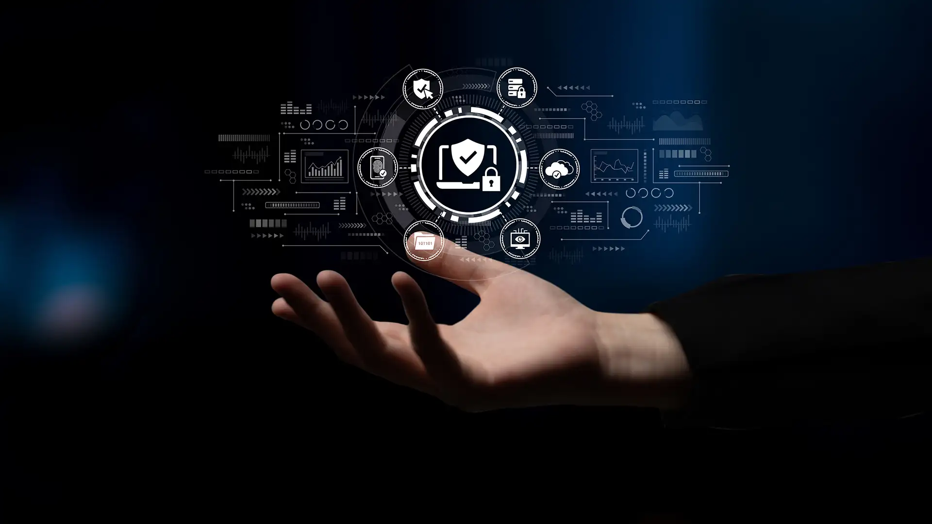 Digital cybersecurity dashboard representing fractional CISO services, including security monitoring, compliance, risk management, and cloud protection.