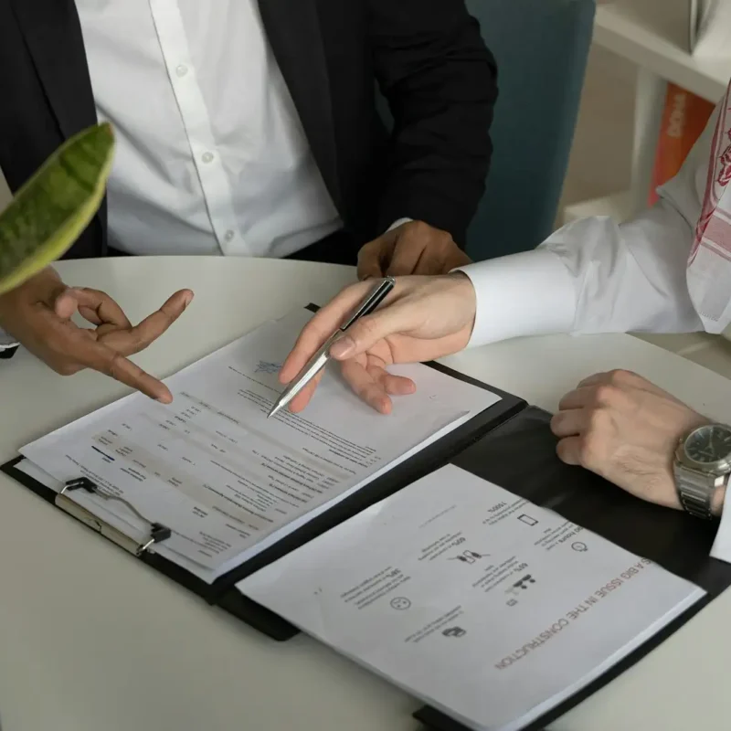 Two professionals review a technology roadmap template during a strategic planning meeting.