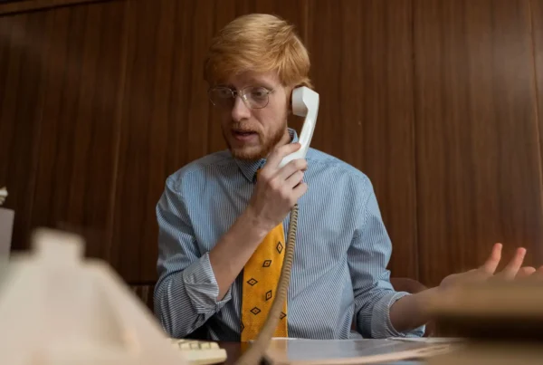 An office employee handling a suspected call spoofing attack on a desk phone.